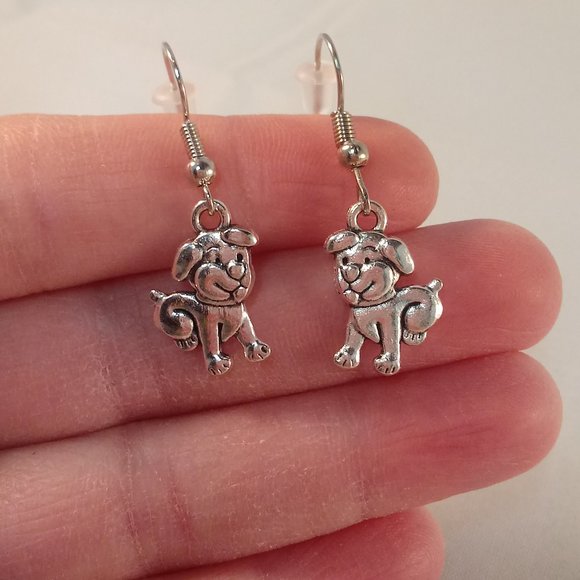 Silver Puppy Dog Earrings Hypoallergenic Hooks - Picture 1 of 2